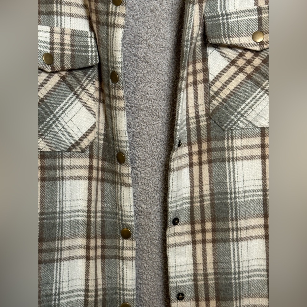Plaid Sherpa Lined Hooded Shacket XXL Gray Brown Fleece Jacket - Picture 2 of 9